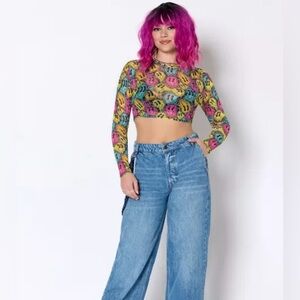 Trippy Smiley Face Mesh Crop Top sz xl